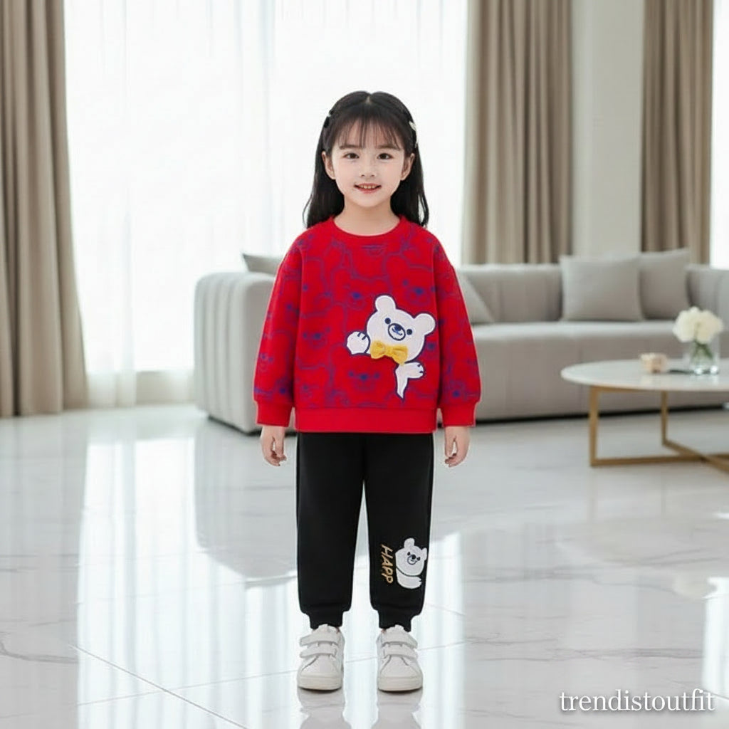 RED TEDDY PRINTED KIDS WINTER SWEETSHIRT SET