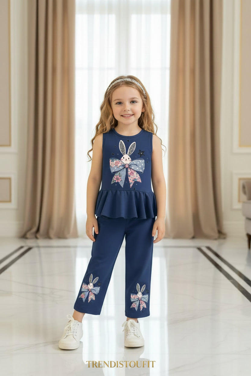 CUTE BUNNY BOW PRINTED KIDS SELEVELESS FROCK SET-BLUE