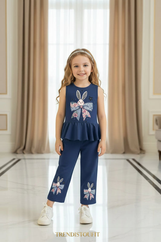 CUTE BUNNY BOW PRINTED KIDS SELEVELESS FROCK SET-BLUE