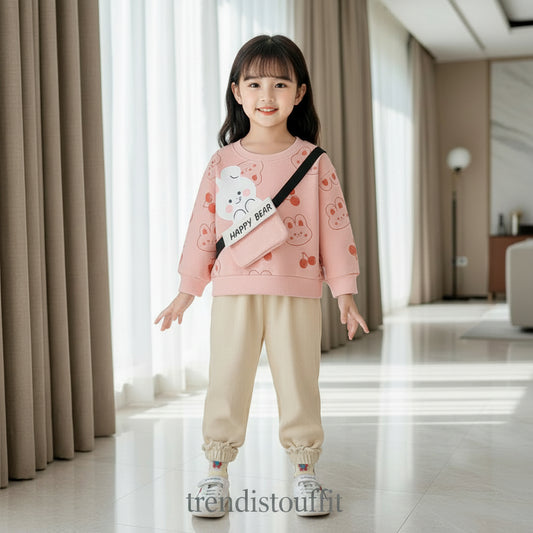 PEACH HAPPY BEAR KIDS WINTER SWEETSHIRT SET