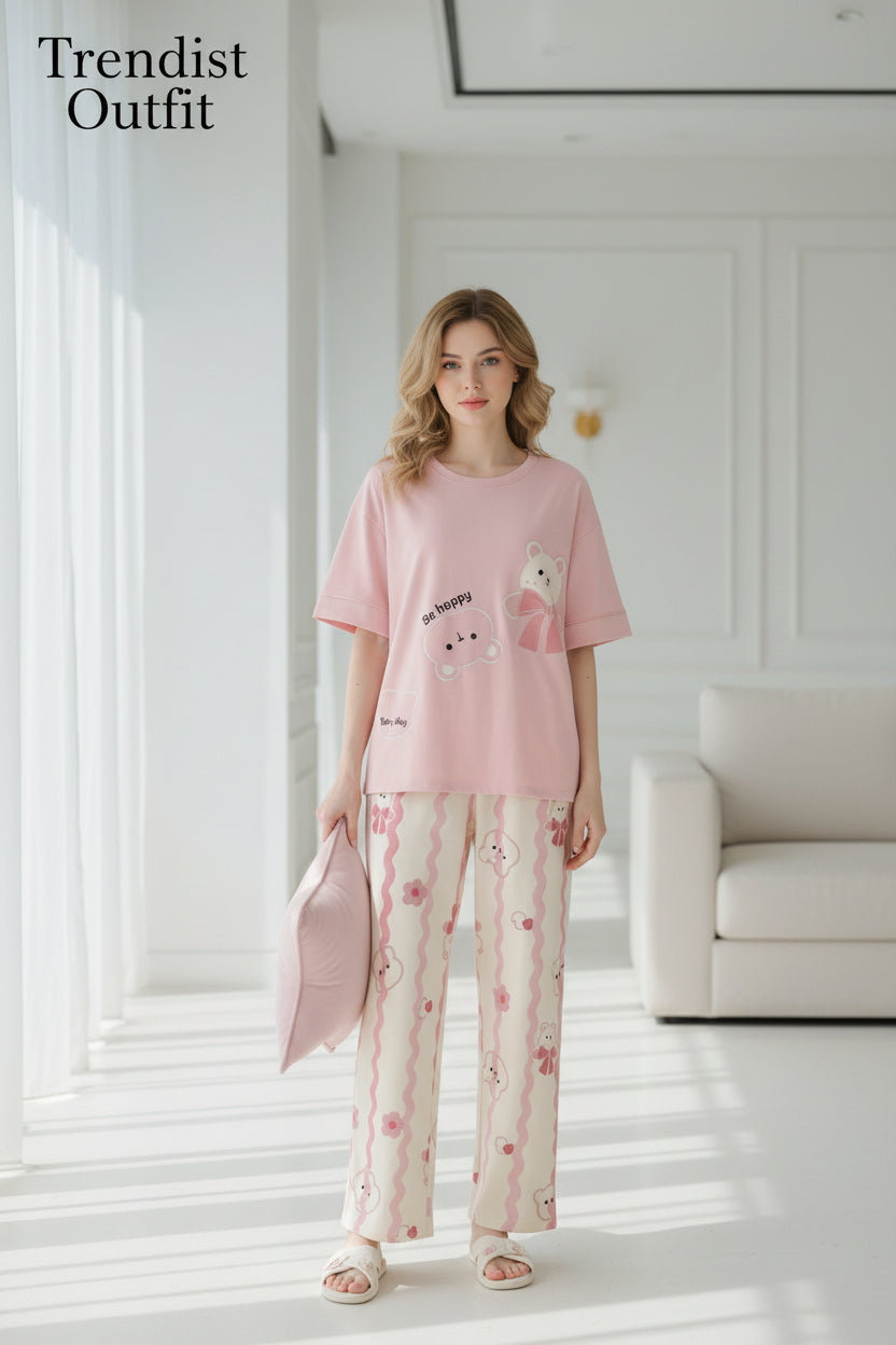 Pink Be Happy Bear Printed PJ Sets