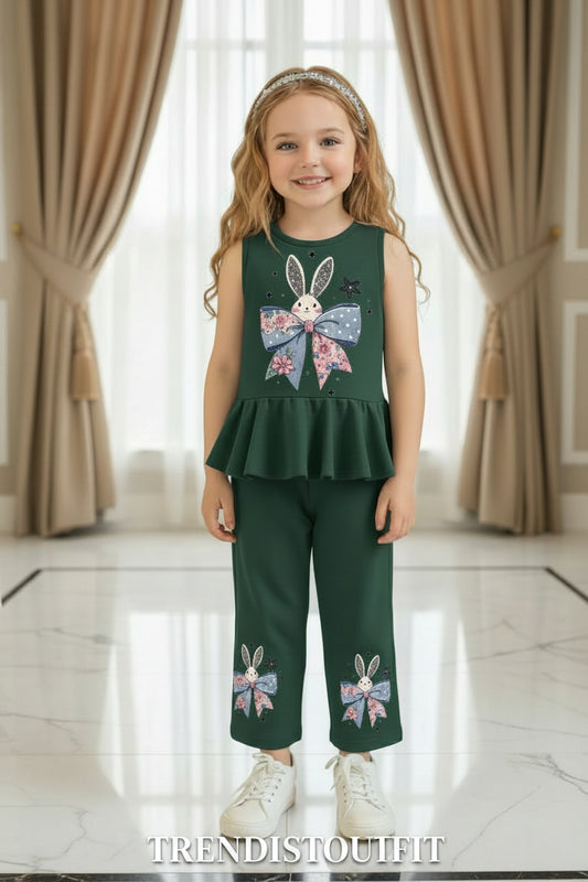 CUTE BUNNY BOW PRINTED KIDS SLEVELESS FROCK SET-GREEN
