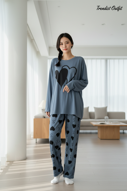 Dark Grey Black Heart Printed Night Suit For Women PJ Set