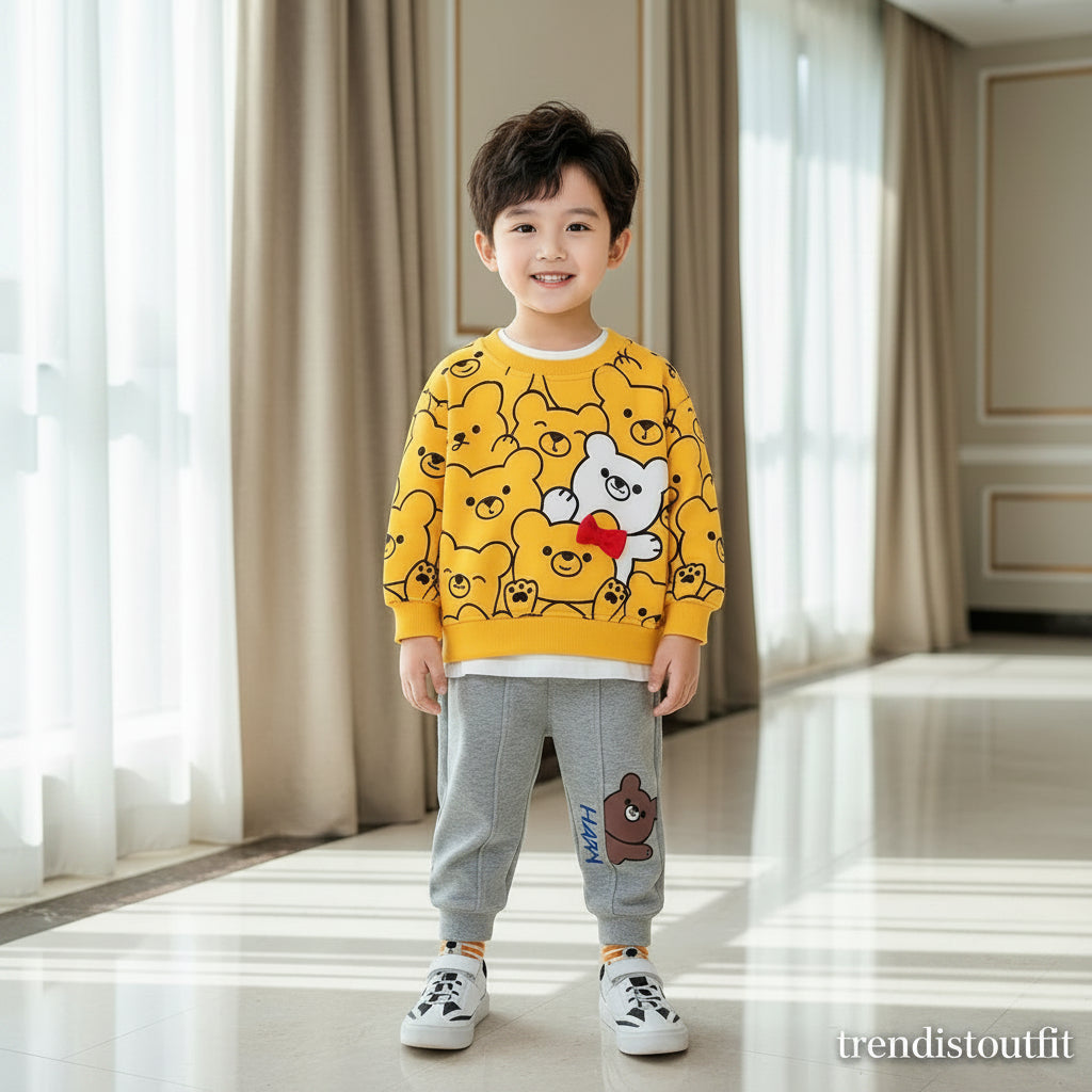 YELLOW TEDDY KIDS WINTER SWEETSHIRT SET