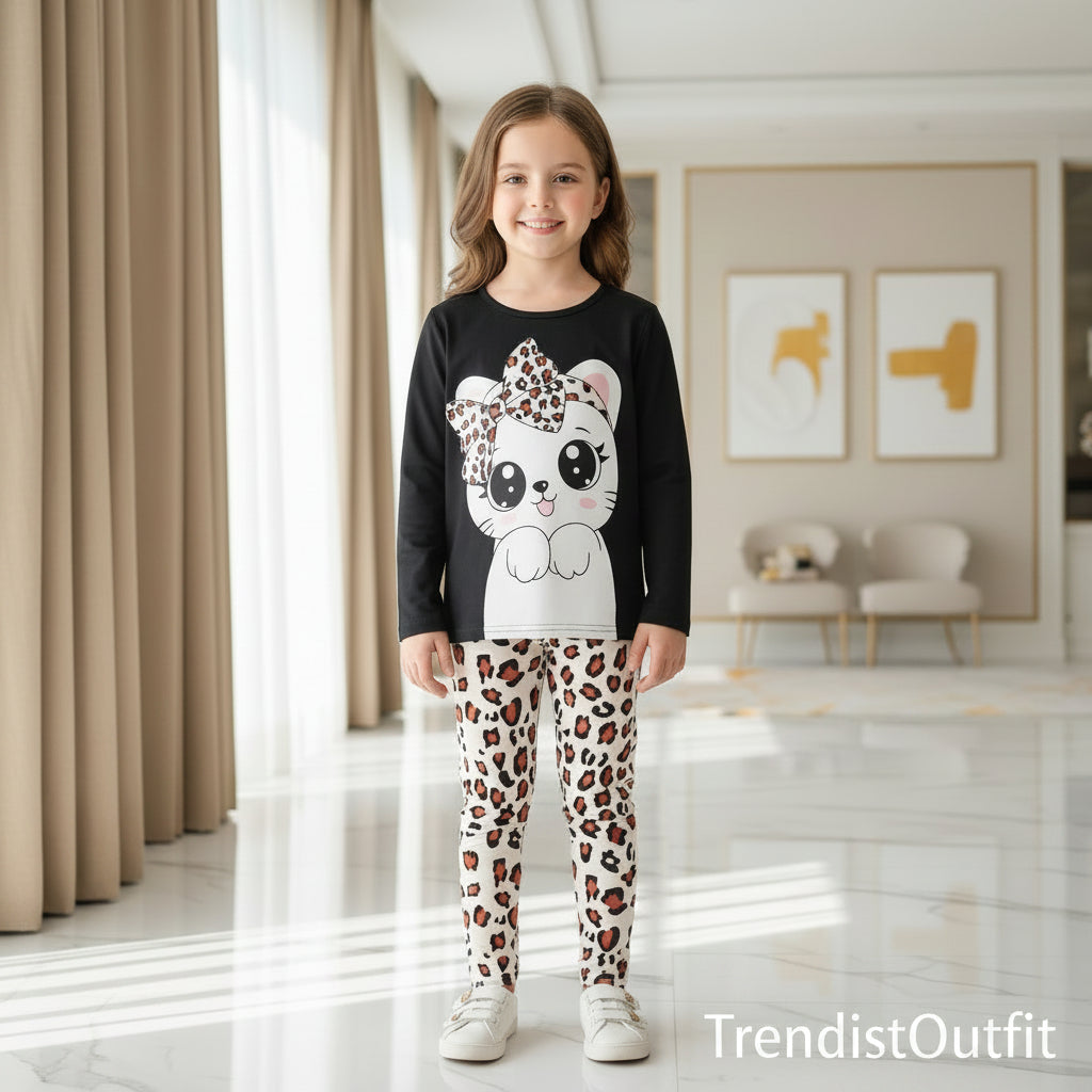 BLACK CHEETAH KITTY PRINTED KIDS WEAR