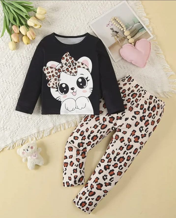 BLACK CHEETAH KITTY PRINTED KIDS WEAR