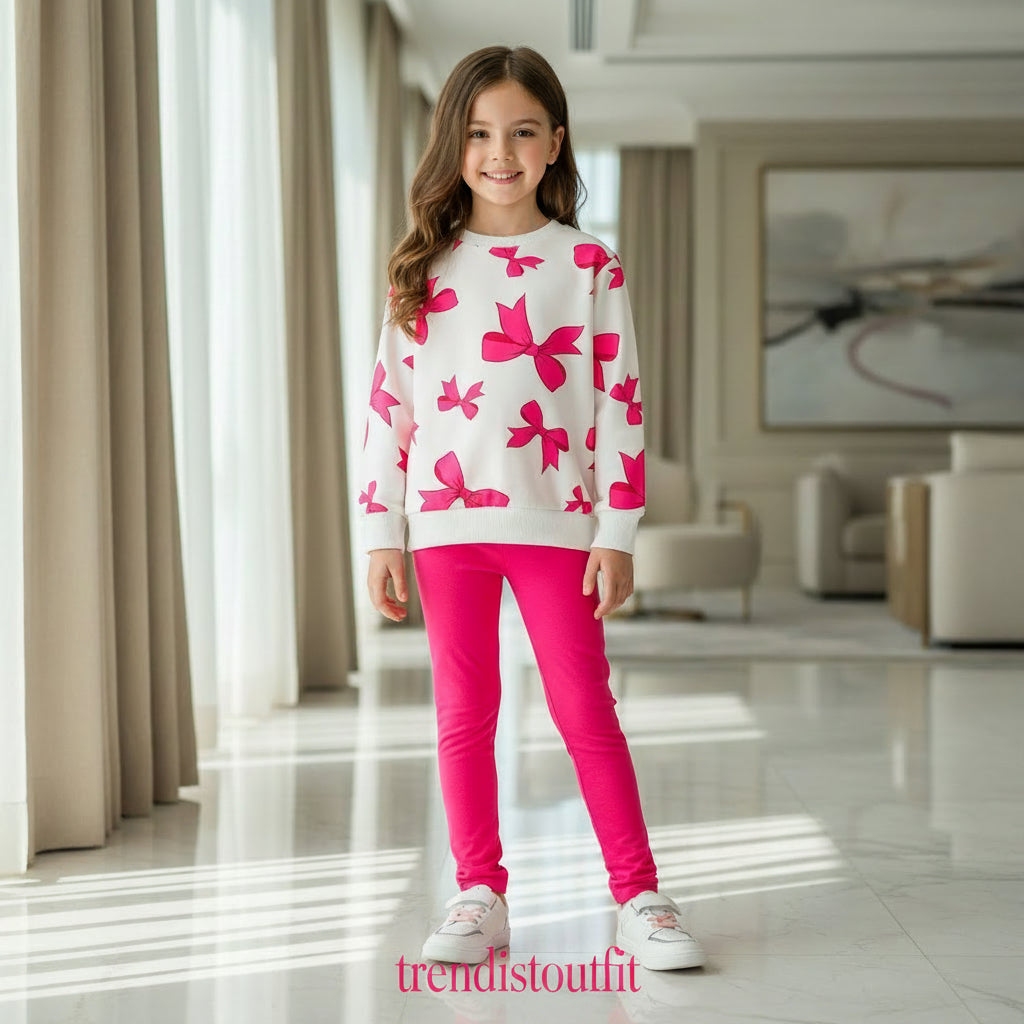 WHITE WITH PINK CONTRAST KIDS WINTER SWEETSHIRT SET