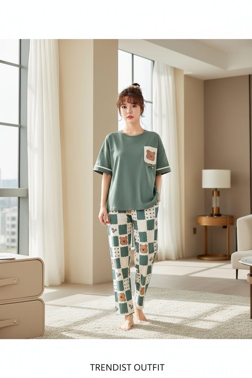 GREEN POKET & CHEACK PAJAMA PRINTED PJ SETS