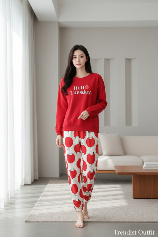 Red Hello Tuesday Printed Night Suit For Women PJ Set