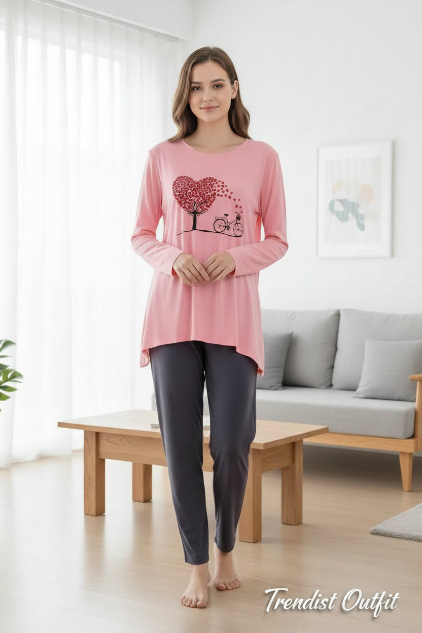 BABY PINK LOVE HEART FLOWER PRINTED LOUNGEWEAR