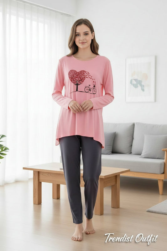 BABY PINK LOVE HEART FLOWER PRINTED LOUNGEWEAR