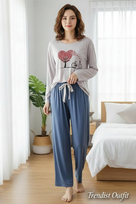 GREY BLUE LOVE HEART FLOWER PRINTED LOUNGEWEAR