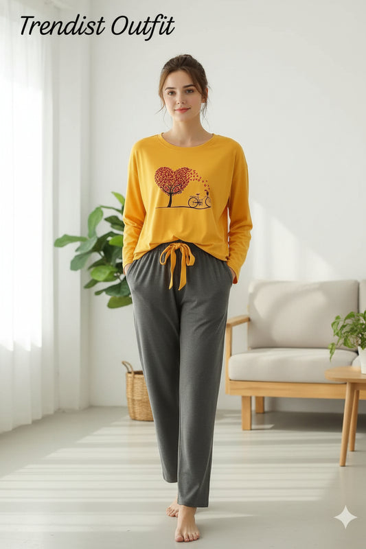 YELLOWLOVE HEART FLOWER PRINTED LOUNGEWEAR